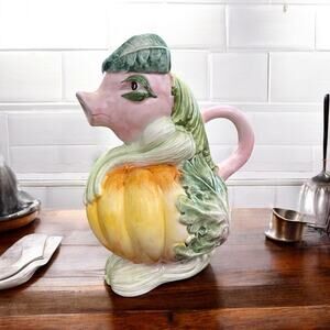 VIETRI Hand Painted 9” Vtg Pumpkin Pig Ceramic Water Jug Pitcher Made In Italy